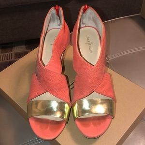 Orange-peach & gold Cole Haan wedge sandal